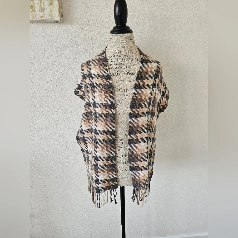 Charter Club 100% Cashmere Scarf Basketweave Houndstooth Neutral Plaid Fringe